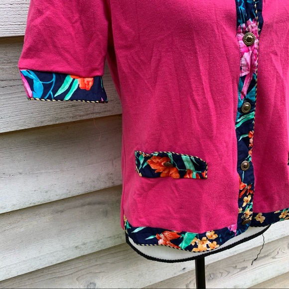 Vintage 80s Pink Floral Print Button Down Circle Neck Short Puff Sleeve Blouse - Picture 11 of 16